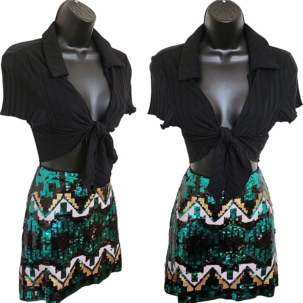 Divided Green Multi Colored Sequin Mini Skirt - image 1